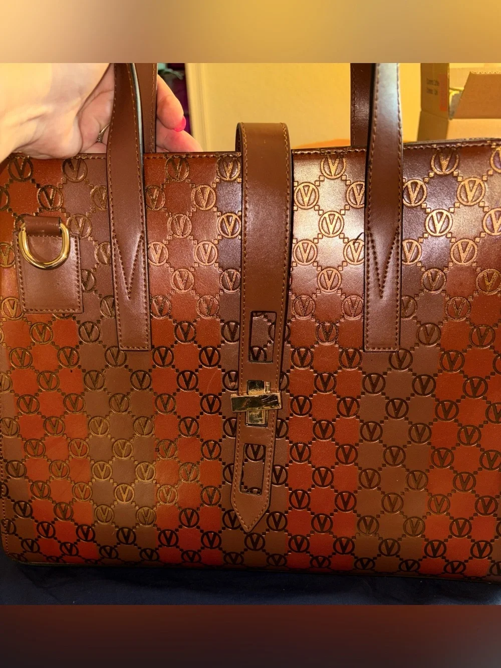 Mario Valentino Spa Brown Monogram Leather Tote with Gold Hardware
